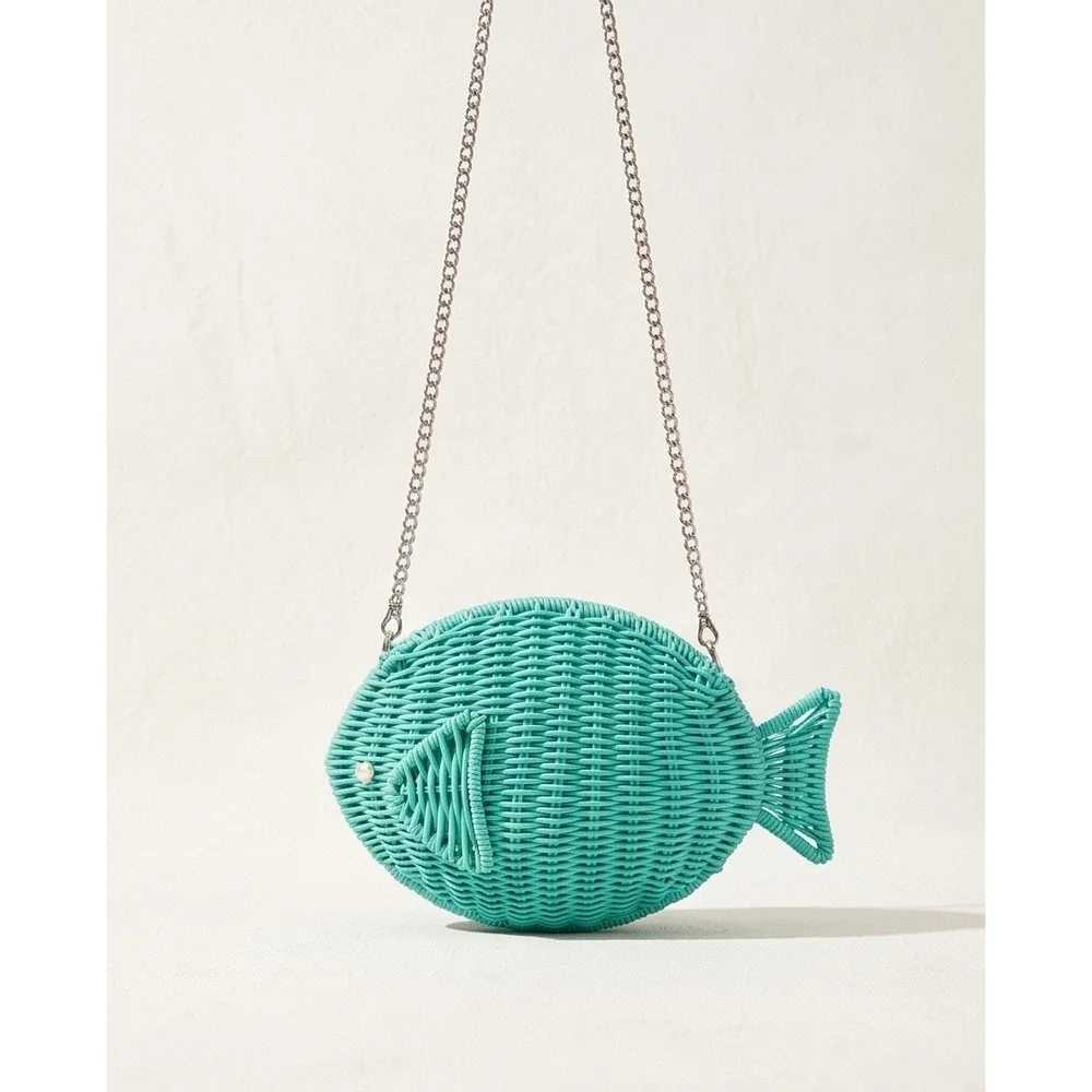 Tommy Bahama Teal Woven Wicker Fish Crossbody Bag Beaded Handle Novelty Clutch